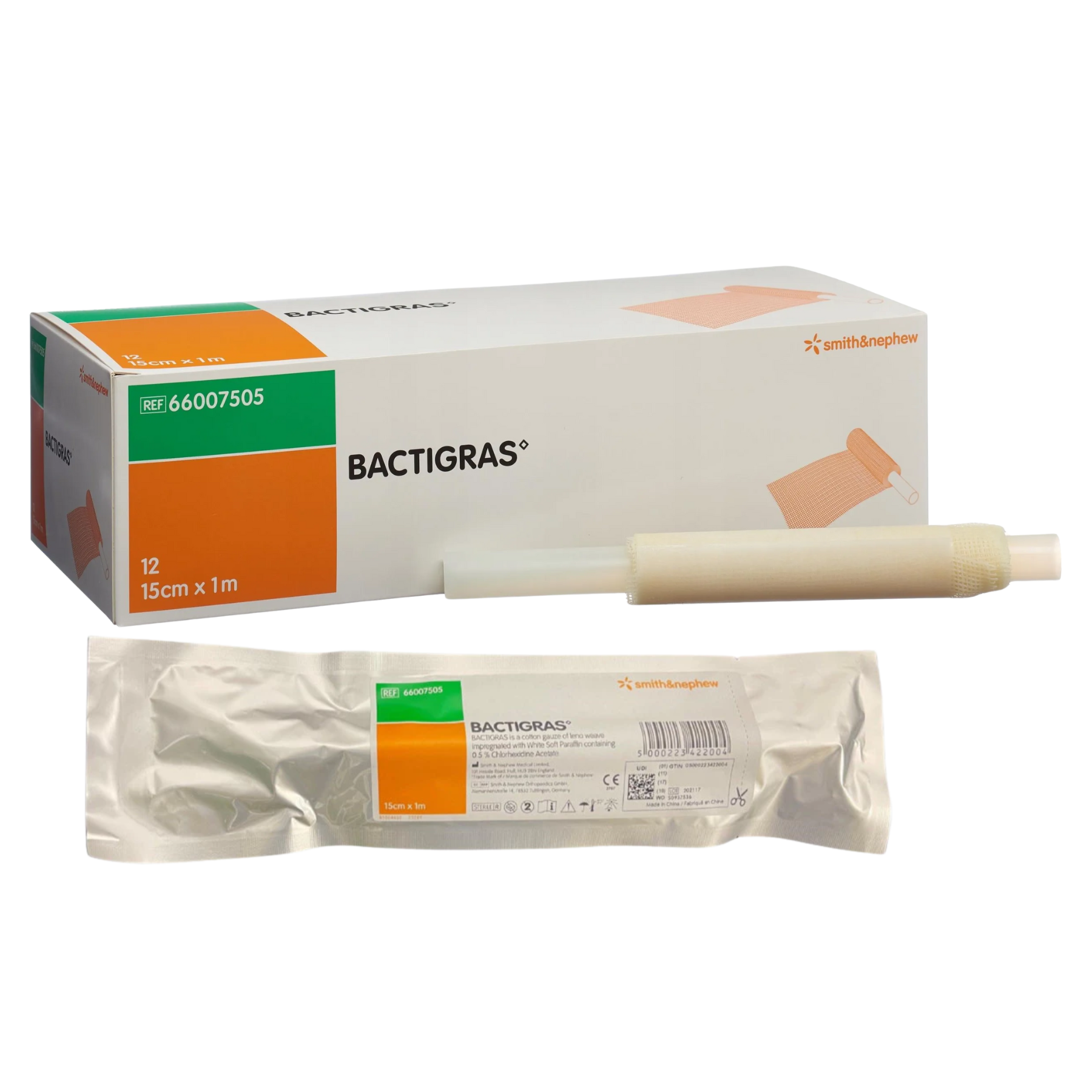 Product display showing the BACTIGRAS retail box, a single sterile foil pouch, and an unwrapped 15cm x 1m gauze roll on a white background.