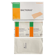 Product display showing the BACTIGRAS 10cm by 40cm box alongside two individual sterile pouches and a back view of a pouch.