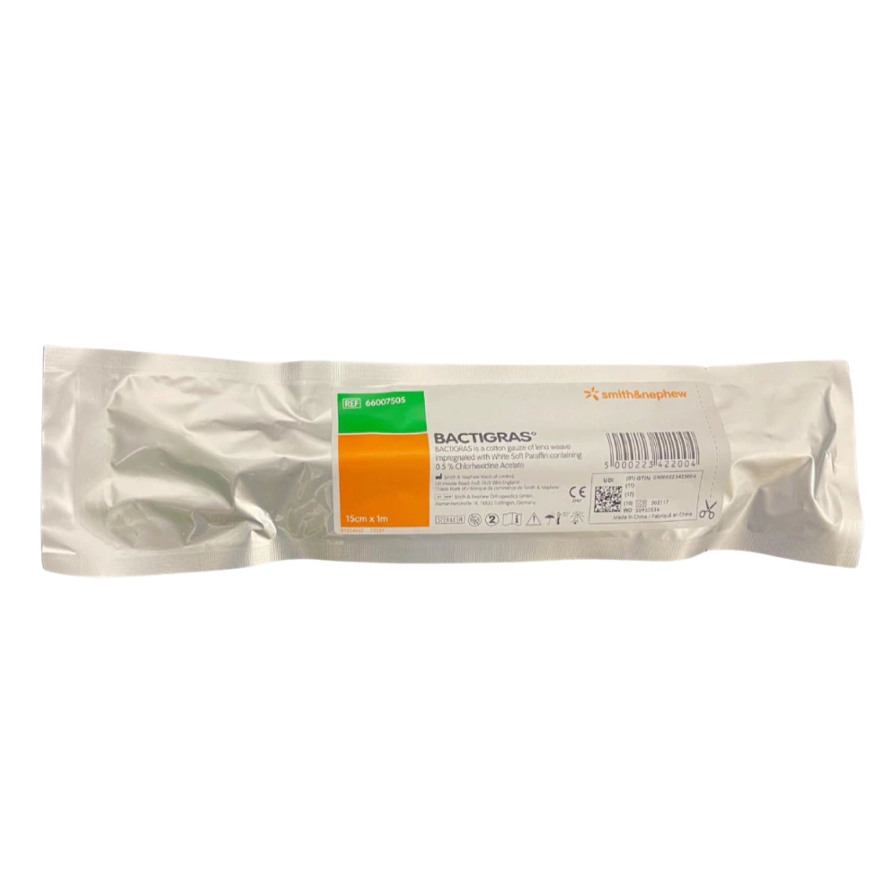 Close-up of a single sterile individual foil pouch for BACTIGRAS paraffin gauze dressing, showing product information and reference number 66007505.