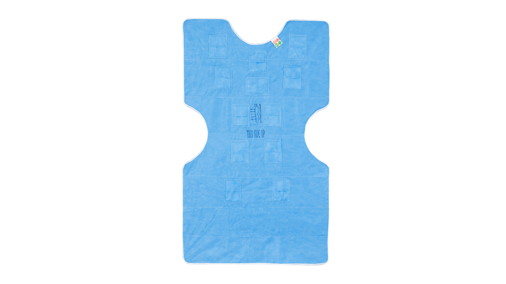 Full-length view of the blue BARRIER EasyWarm active warming blanket featuring integrated warming pads and an anatomical shape for patient comfort.