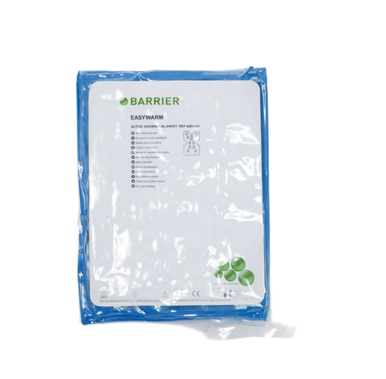 Individually wrapped BARRIER EasyWarm active warming blanket in a clear plastic sterile pouch with product labels.
