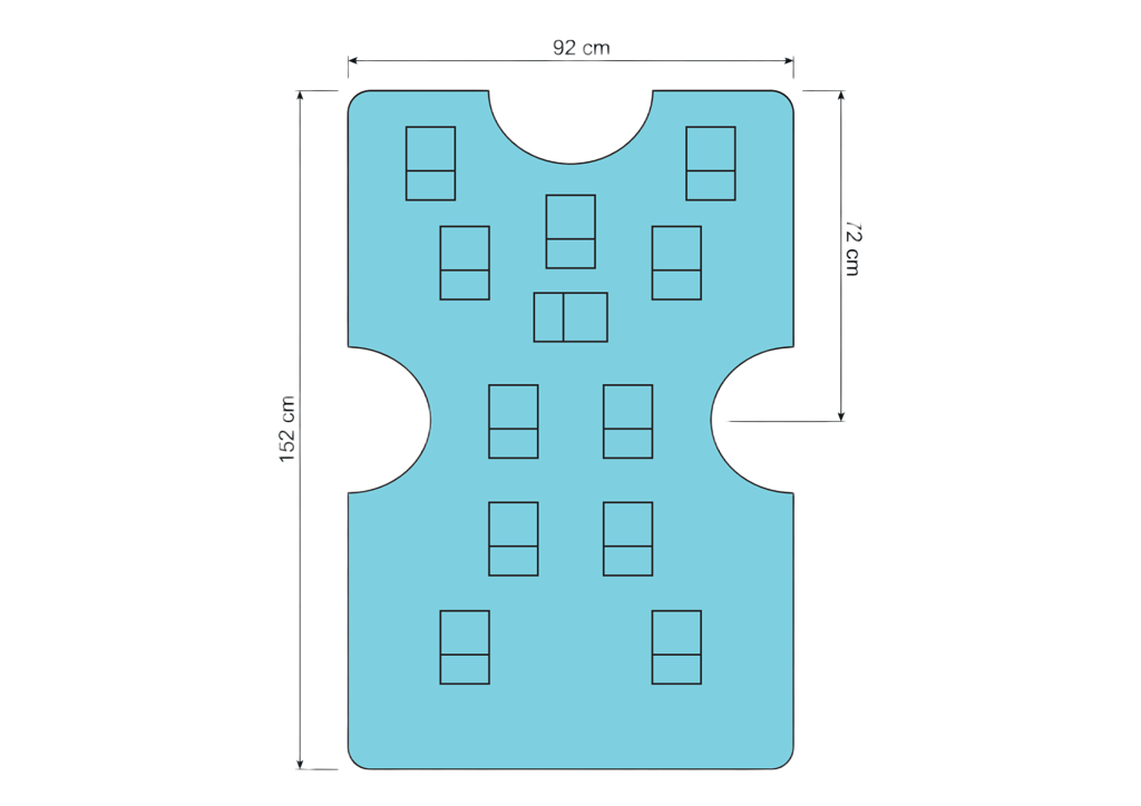 Technical diagram of the BARRIER EasyWarm blanket showing its dimensions: 152 cm in length and 92 cm in width with 12 integrated warming pads.