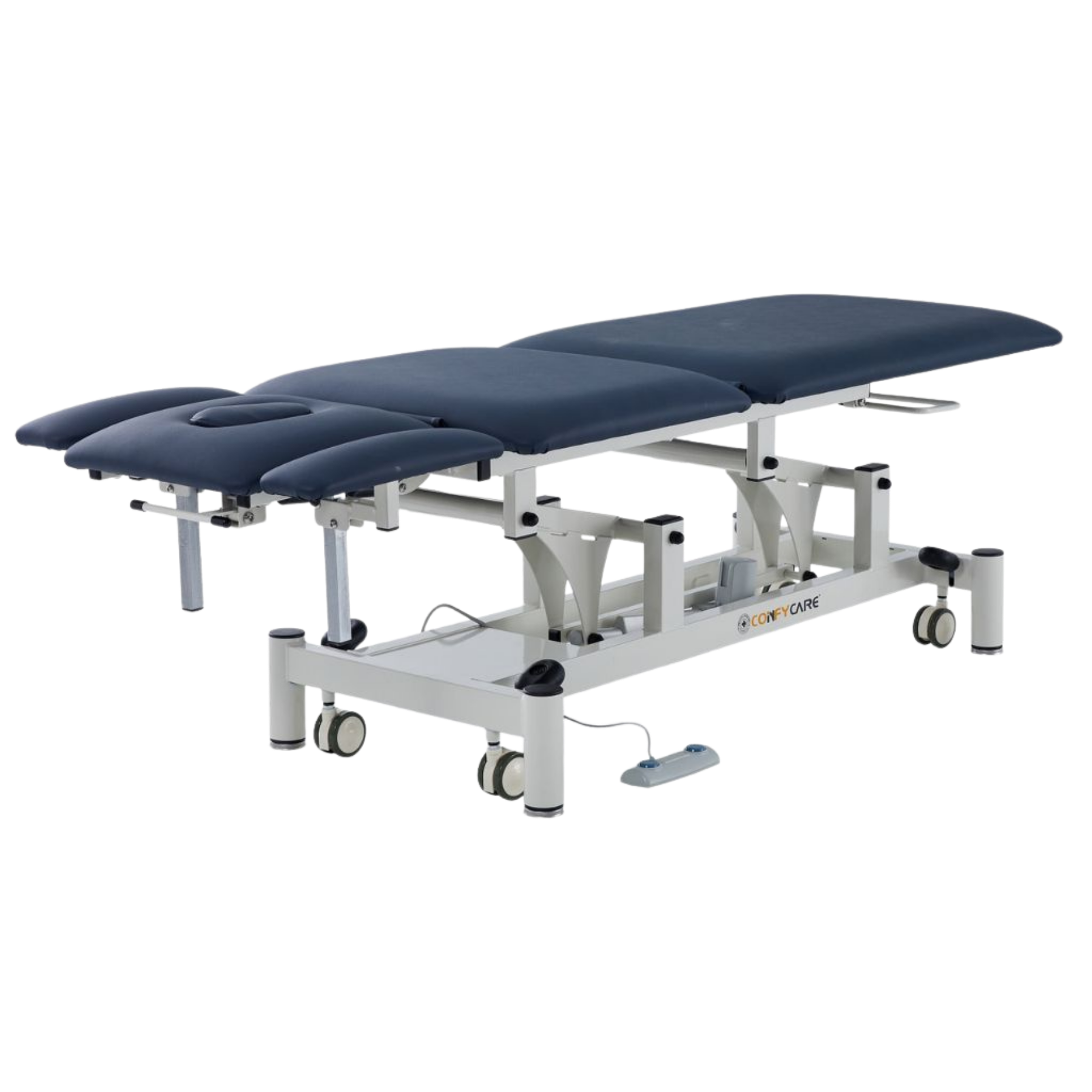 Full flat view of the navy blue massage treatment table showcasing the high-density foam padding and easy-clean upholstery for hygiene.