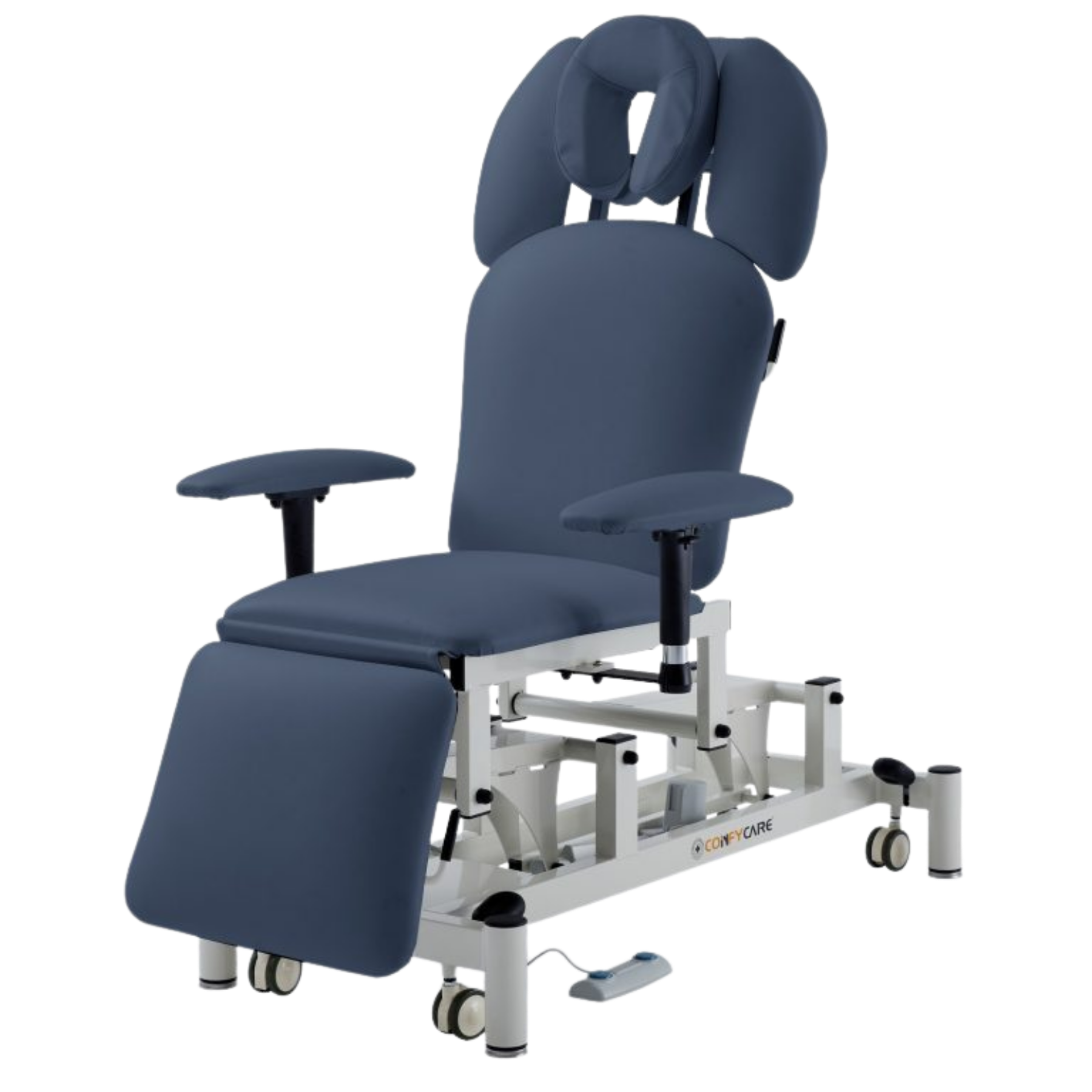 Front perspective of the navy blue spa massage table showing the padded leg section and the clean, modern white frame design suitable for beauty clinics.