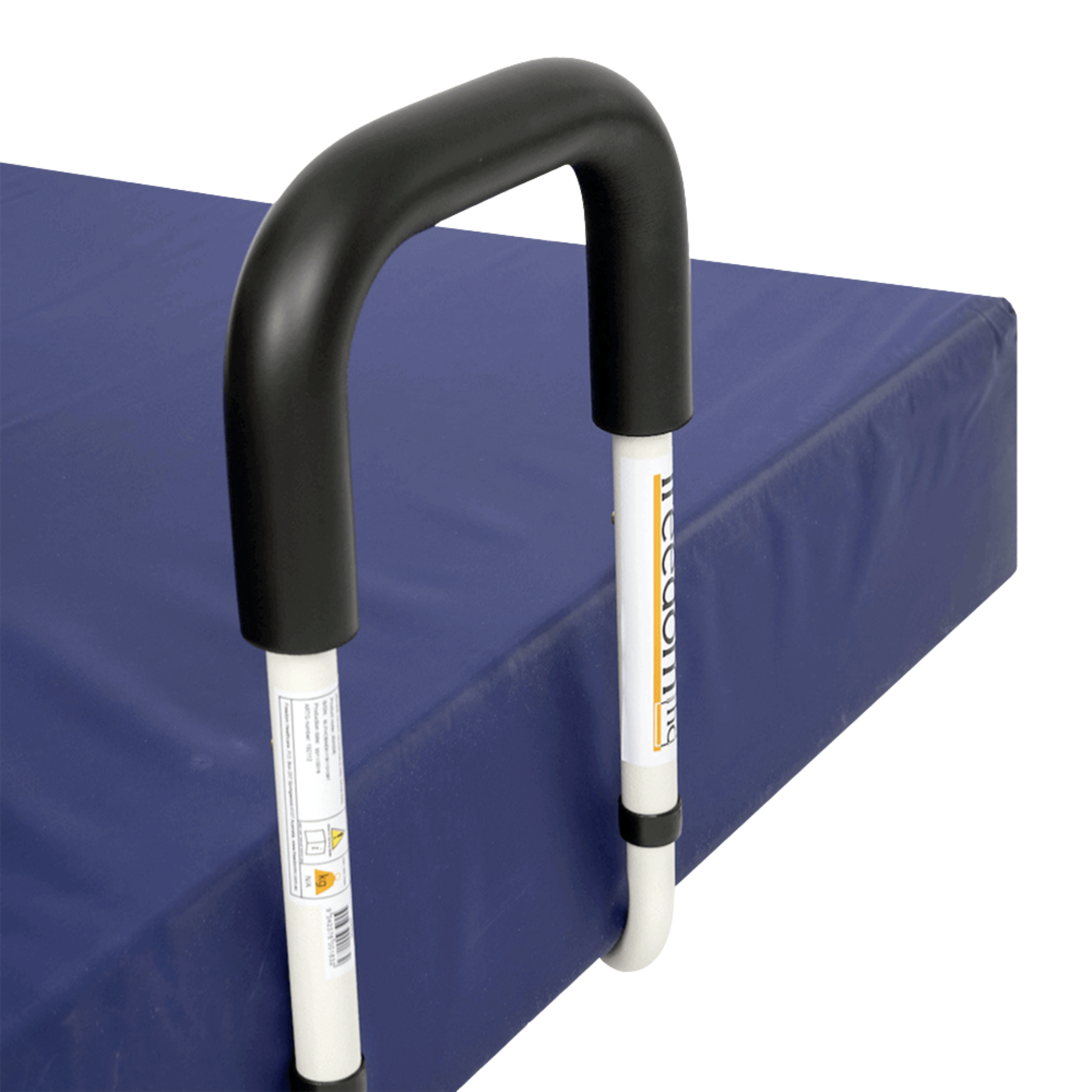 Close-up of a Freedom Healthcare bed rail installed on the side of a blue mattress, showing the padded black handle and white support legs.