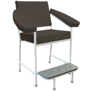 Three-quarter view of a 550mm blood collection chair in Black vinyl, featuring adjustable padded armrests and a professional white medical frame.