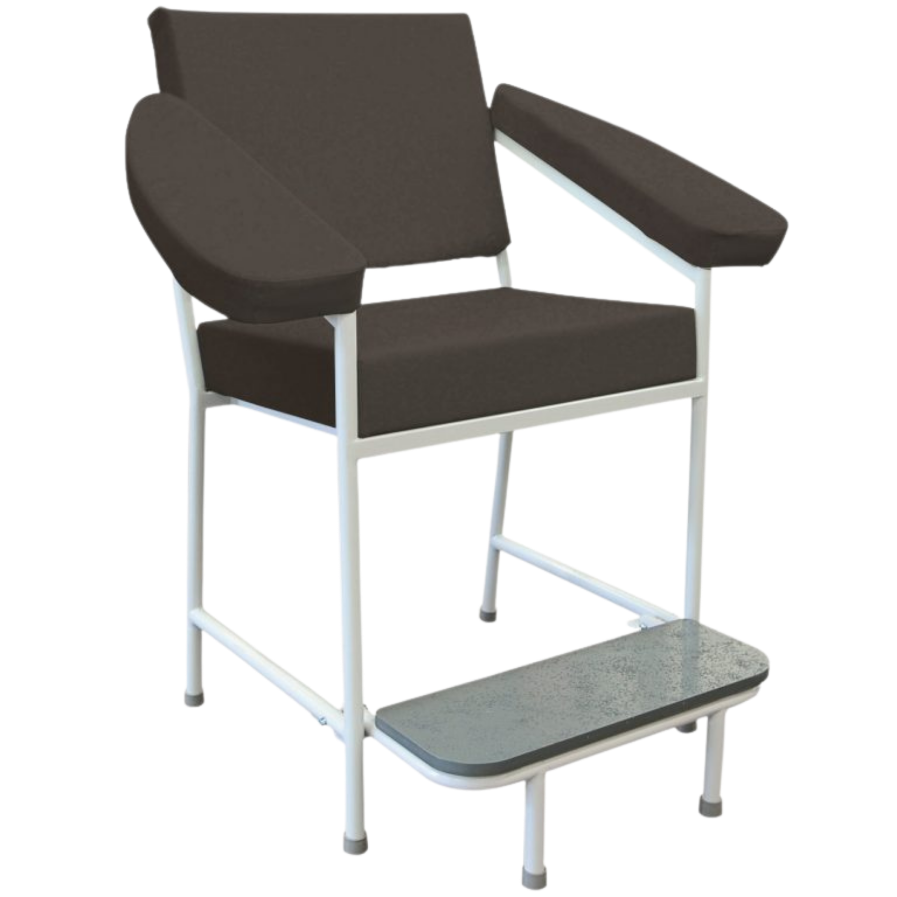 Three-quarter view of a 550mm blood collection chair in Black vinyl, featuring adjustable padded armrests and a professional white medical frame.