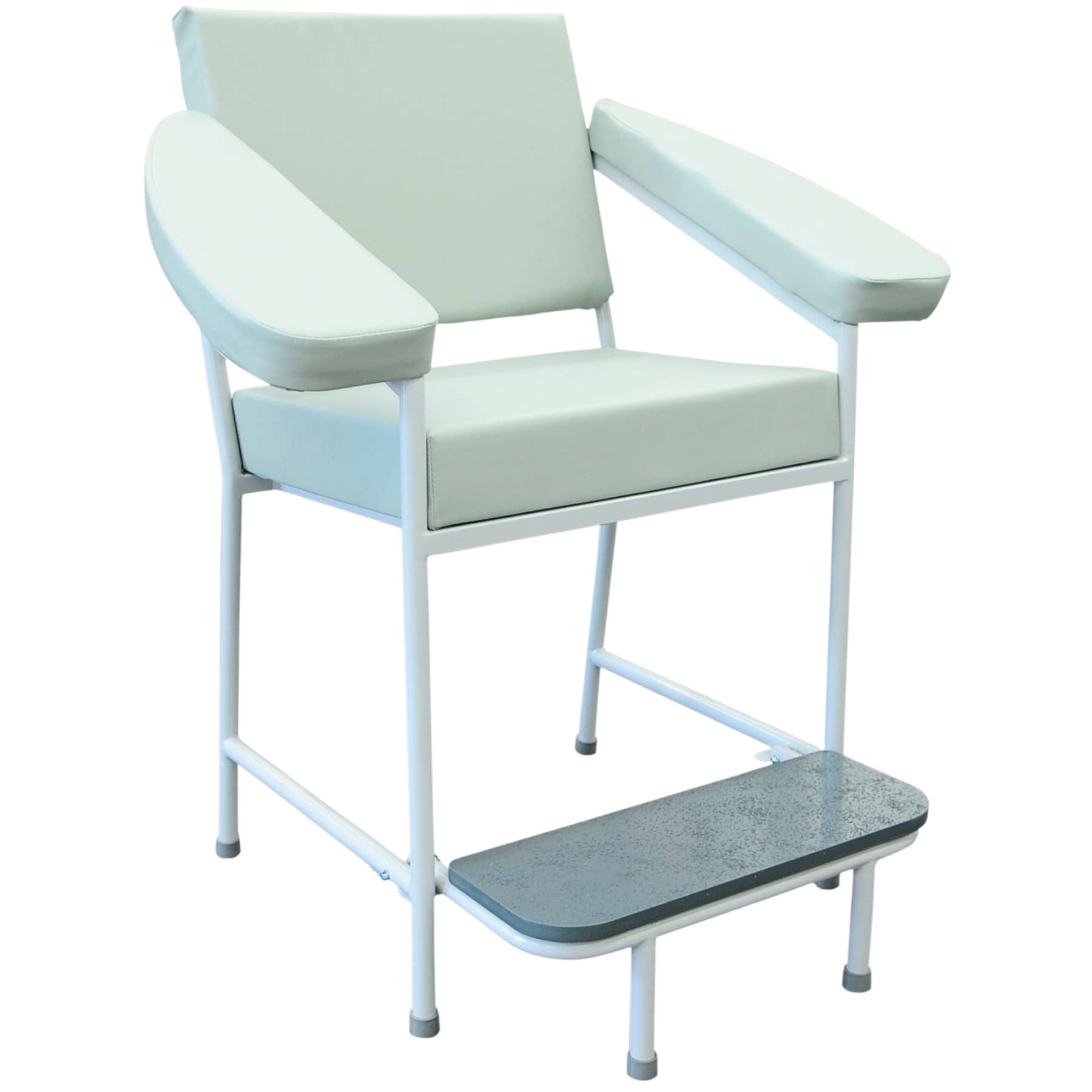 Three-quarter view of the 550mm Blood Collection Chair in Grey upholstery, highlighting the wide seating area and adjustable armrests for phlebotomy procedures.