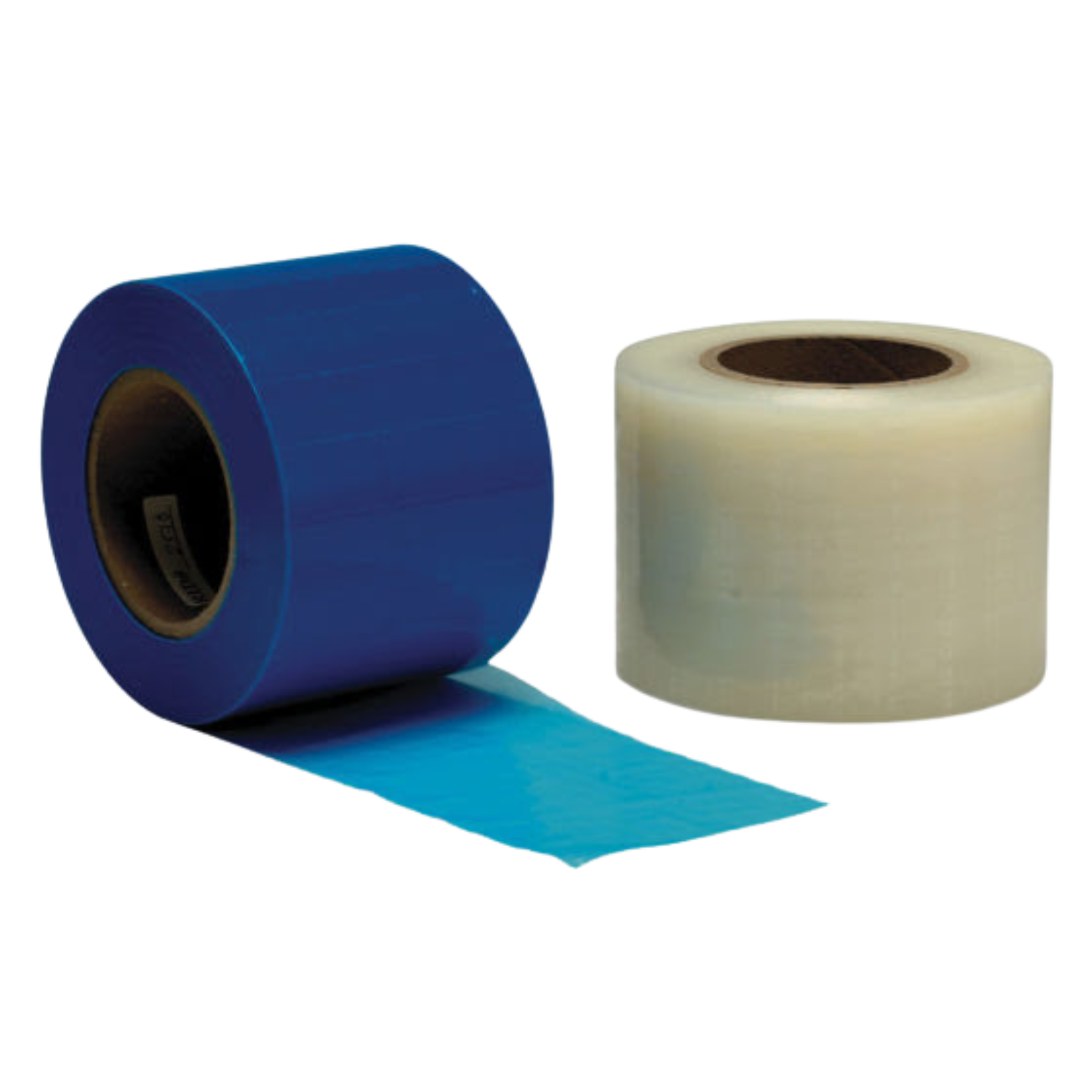 A roll of blue dental barrier film and a roll of clear barrier film side-by-side on a plain background.
