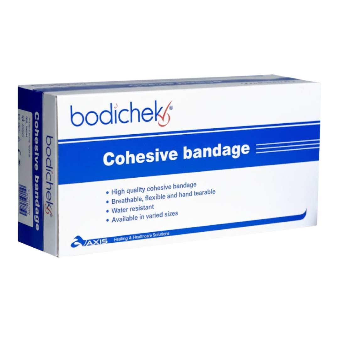Packaging of Bodichek Cohesive Bandage highlighting features such as breathable, flexible, water-resistant, and available in varied sizes.
