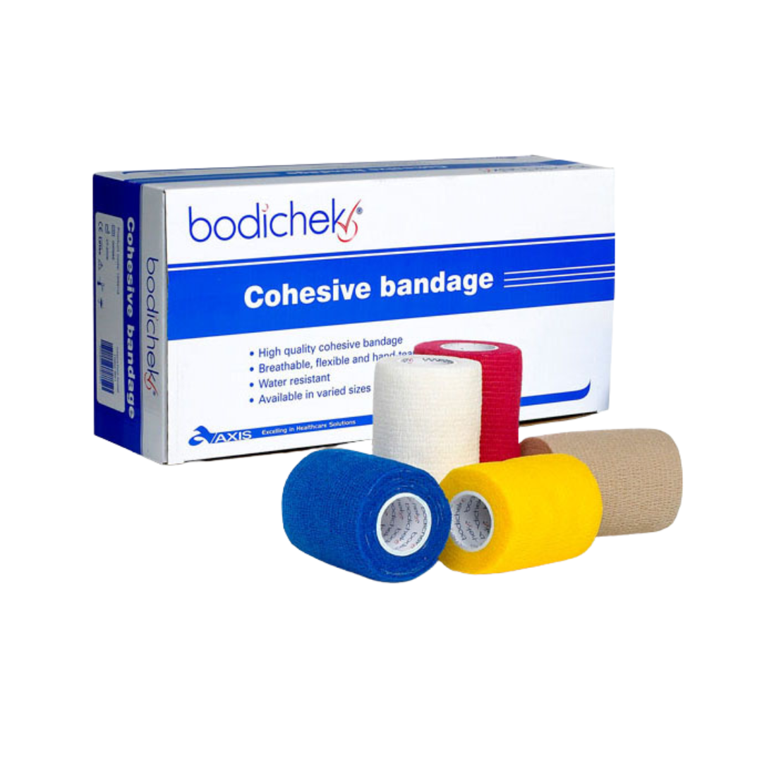 Bodichek Cohesive Bandage packaging displayed with multiple colored rolls including blue, yellow, red, white, and skin tone, highlighting breathable and flexible design.
