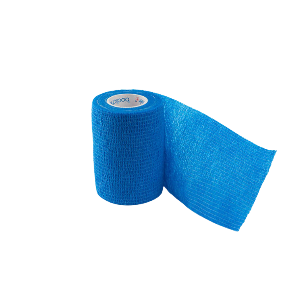 Bodichek Elastic Cohesive Bandage in blue color, size 7.5cm x 4.5m, designed for flexible, water-resistant, and self-adhesive wound care.
