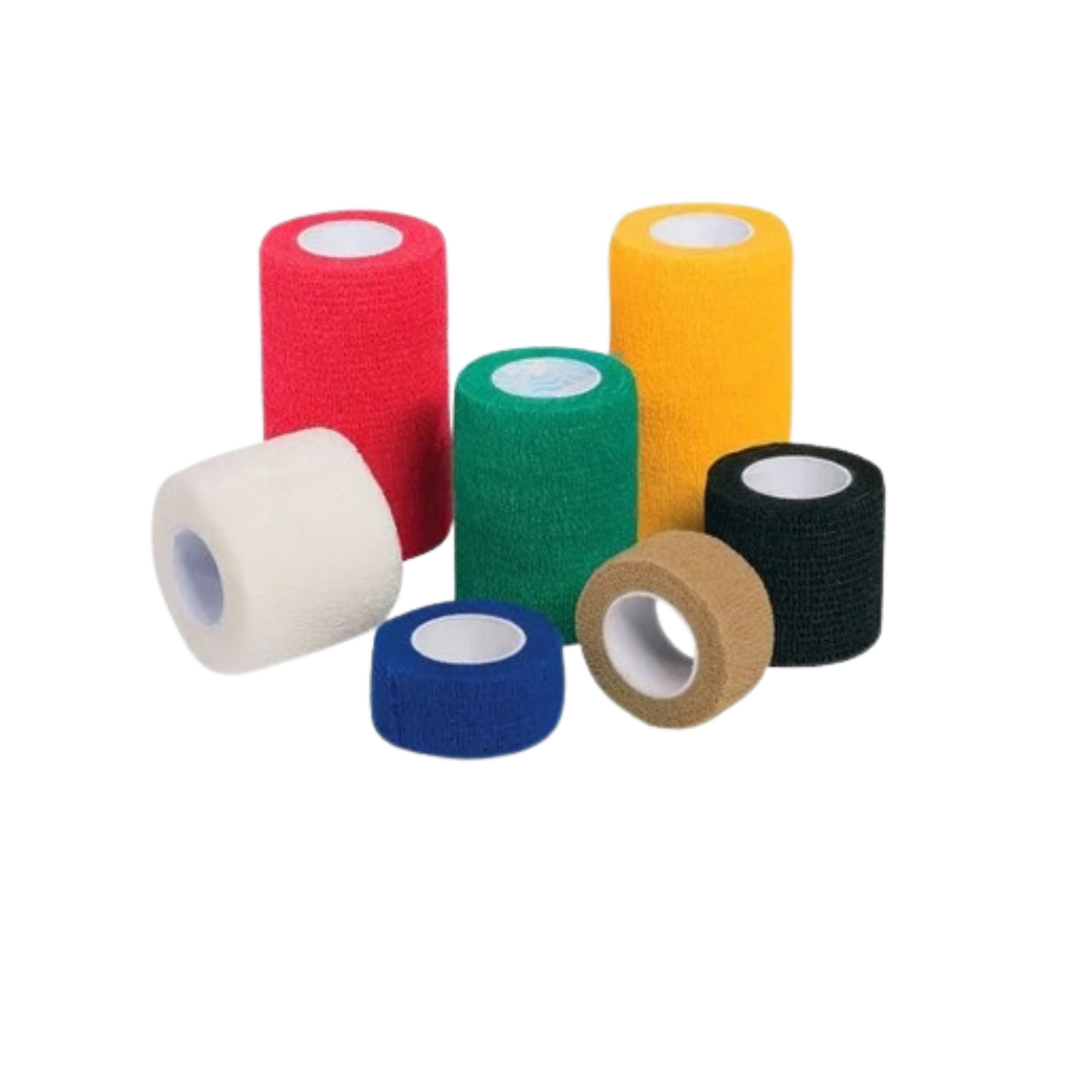 Assorted Bodichek Elastic Cohesive Bandages in multiple colors including blue, yellow, red, white, and skin tone, ideal for secure and flexible wound care.
