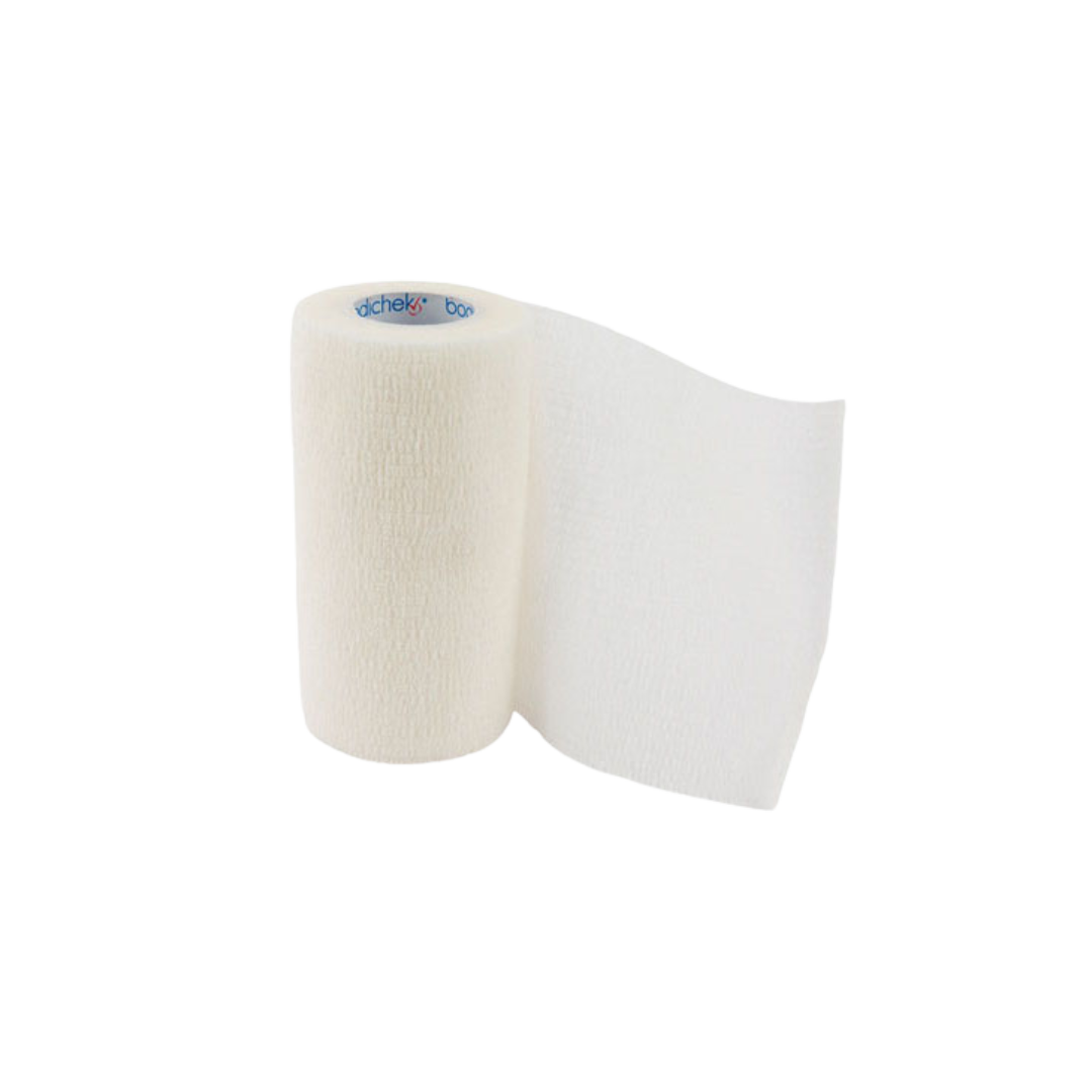 Bodichek Elastic Cohesive Bandage in white color, size 10cm x 4.5m, offering breathable, flexible, and self-adhesive support for wound care and compression.
