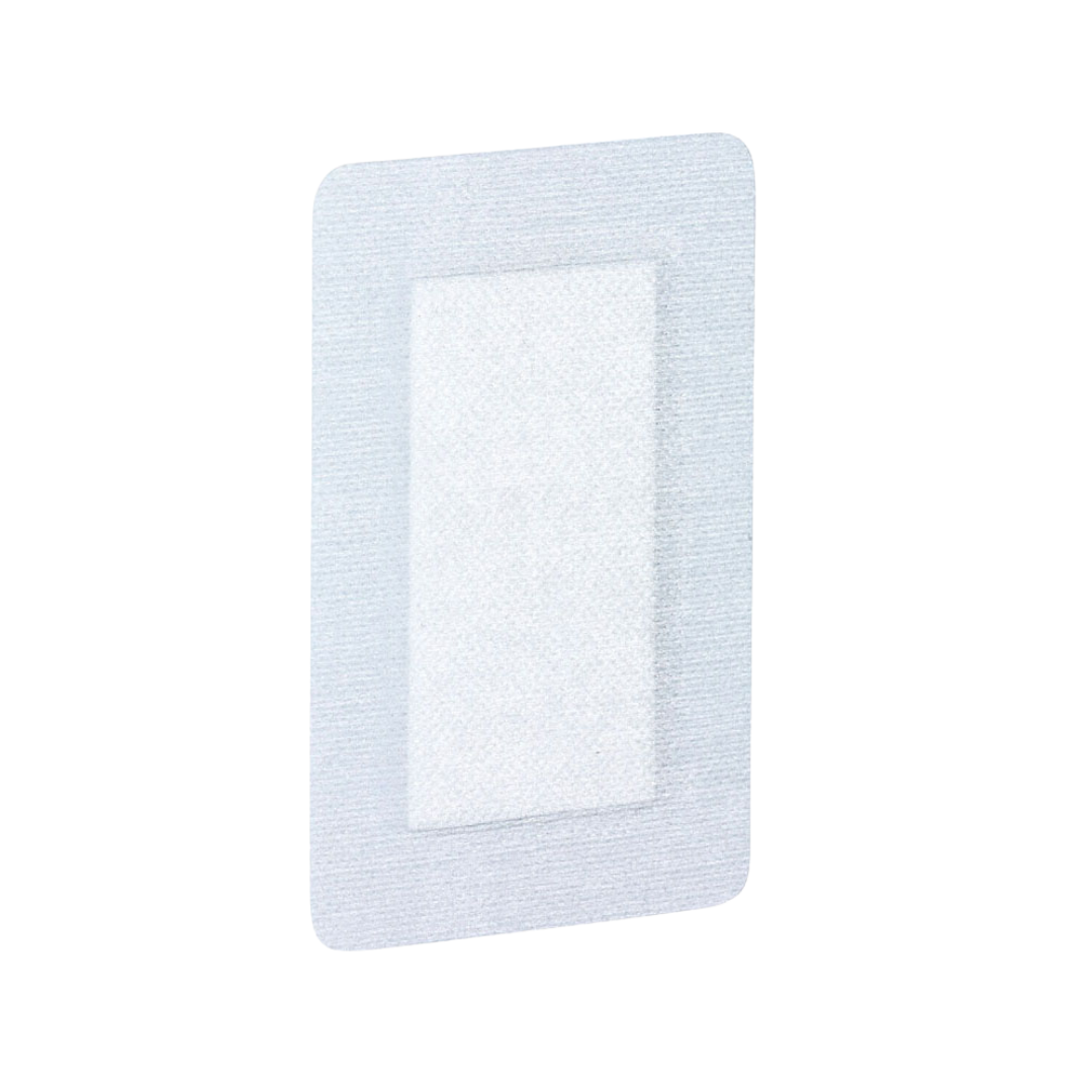 Sterile Bodichek non-woven island dressing pad with rectangular shape, featuring absorbent center and hypoallergenic adhesive border for wound protection.
