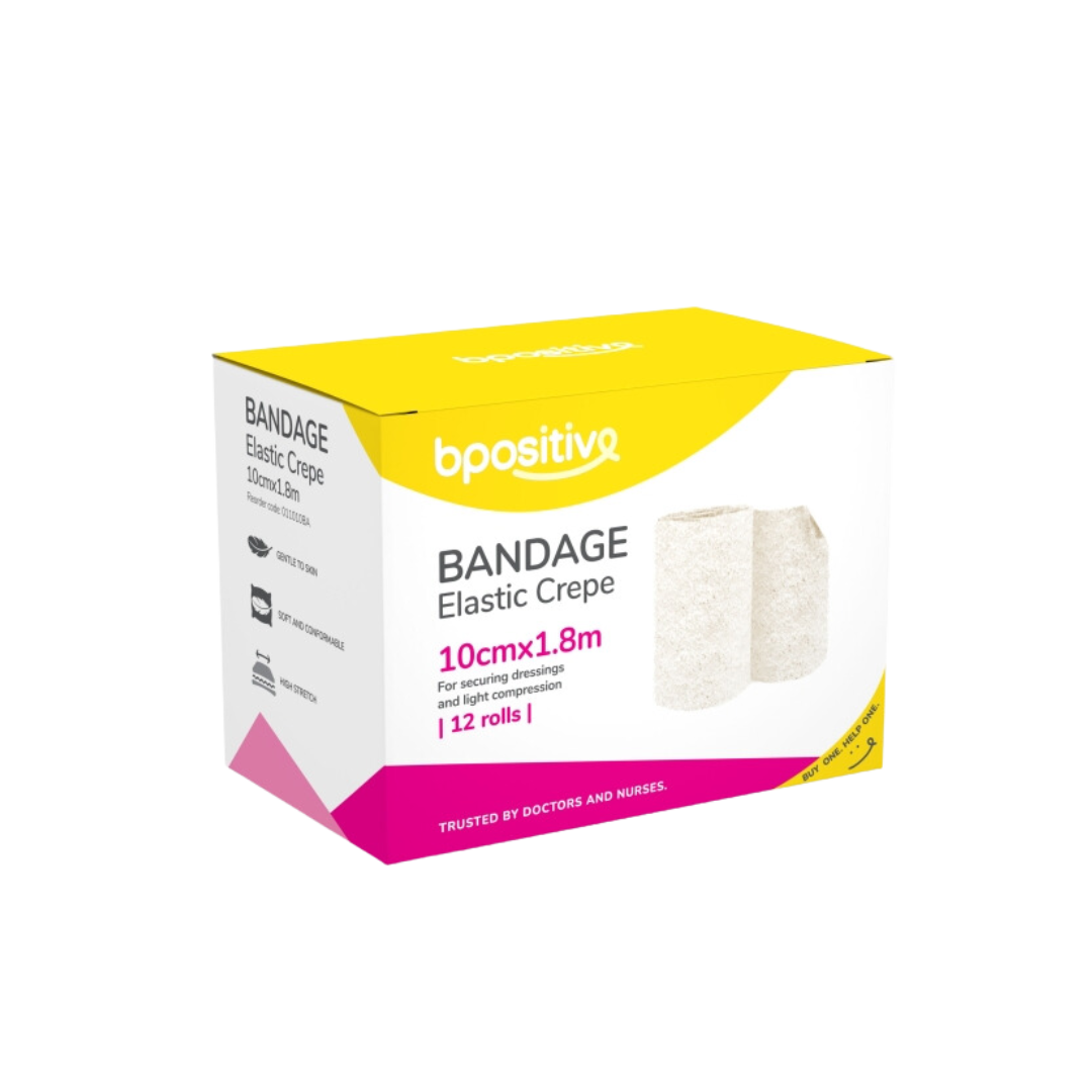 Bpositive Elastic Crepe Bandage in multiple sizes, providing reliable compression and secure dressing support for sprains, strains, and wound care.