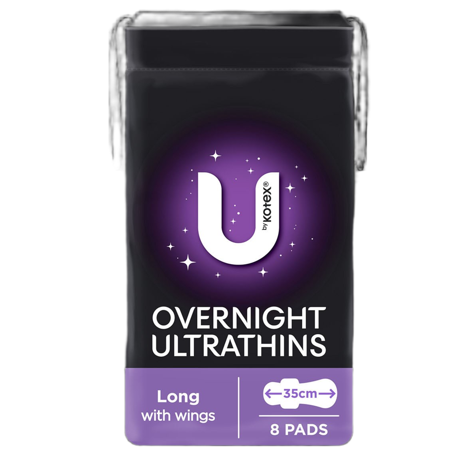 Front view of U by Kotex Overnight Ultrathins long pads with wings package, containing 8 pads measuring 35cm in length.