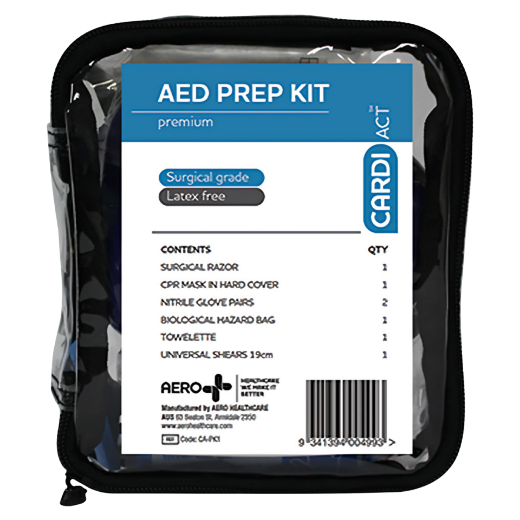 Front view of the CardiAct AED Premium Prep Kit in its transparent zippered pouch, featuring a clear labels list of surgical-grade, latex-free emergency response components.