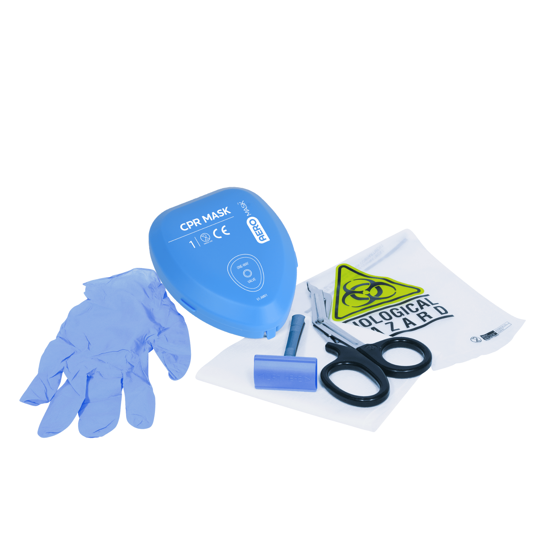 Close-up layout of the CardiAct AED Prep Kit tools featuring a blue hard-cover CPR mask, nitrile gloves, universal medical shears, a prep razor, and a biological hazard disposal bag.