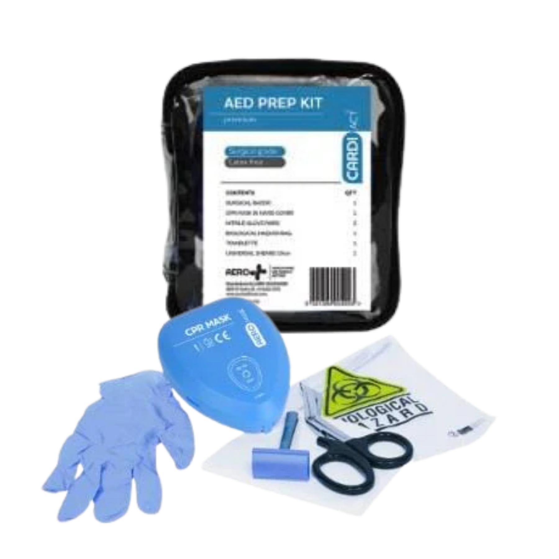 Comprehensive view of the CardiAct AED Premium Prep Kit showing the black zippered carry pouch alongside its professional-grade rescue contents including a CPR mask, shears, razor, and gloves.