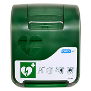 Front view of the CardiAct CC-90 Alarmed AED Cabinet in high-visibility green, featuring universal AED signage and a transparent door for easy status checks.