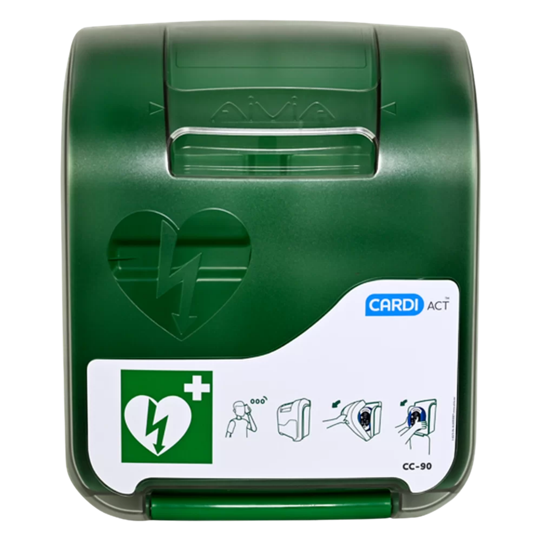 Front view of the CardiAct CC-90 Alarmed AED Cabinet in high-visibility green, featuring universal AED signage and a transparent door for easy status checks.