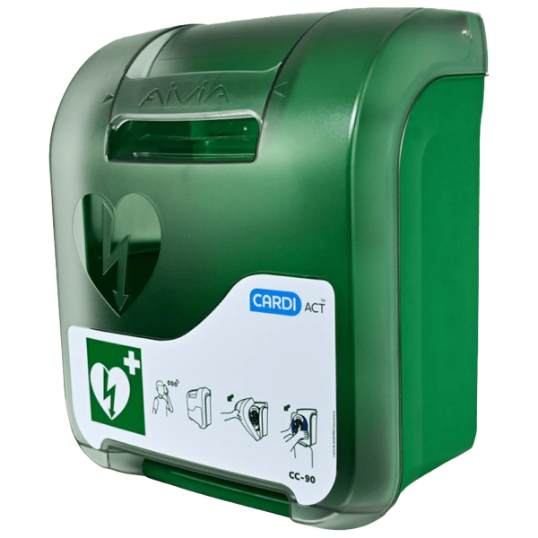 Angled view of the CardiAct AED wall cabinet showing the robust, impact-resistant polycarbonate construction and side-access handle for rapid emergency response.