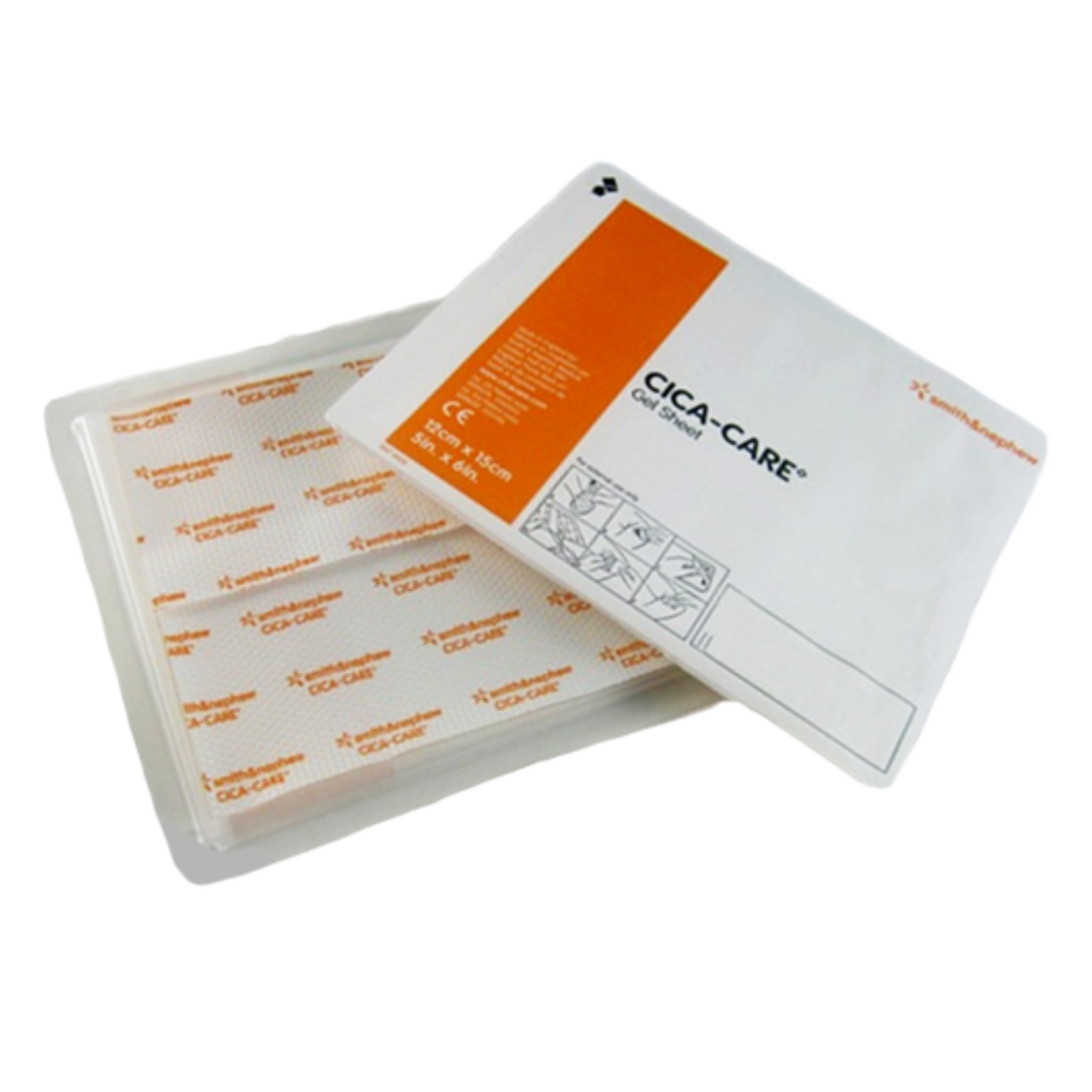 Close-up of CICA-CARE gel sheet packaging showing the individual sterile wrap and the textured silicone sheet with backing.