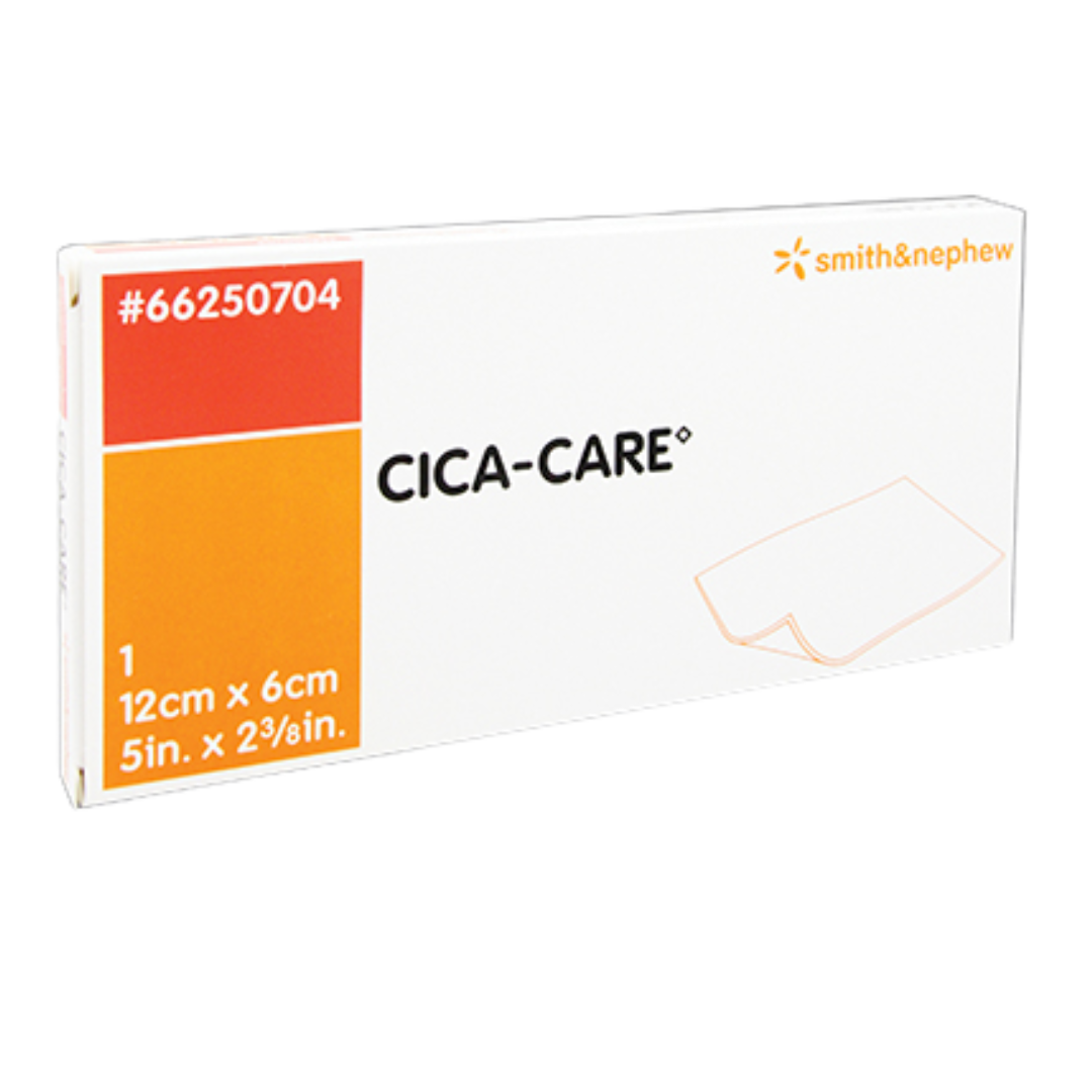 Front view of the Smith & Nephew Cica-Care retail box, size 12cm x 6cm (5in x 2 3/8in). Used for professional scar management.