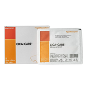 Front view of a Smith & Nephew CICA-CARE Silicone Gel Sheet box and a single sterile individual pouch, size 12cm x 15cm.