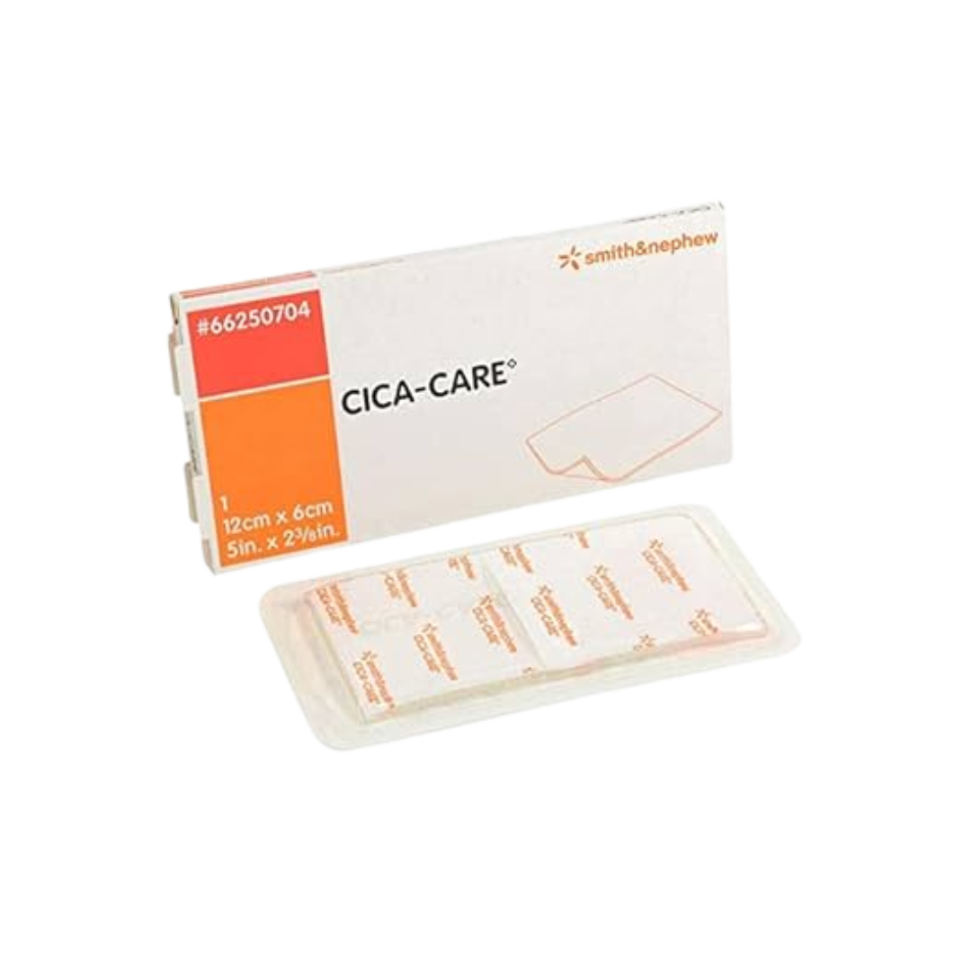 Smith & Nephew Cica-Care Silicone Gel Sheet, 12cm x 6cm. The image shows the retail box (#66250704) next to the sterile tray containing the gel sheet.