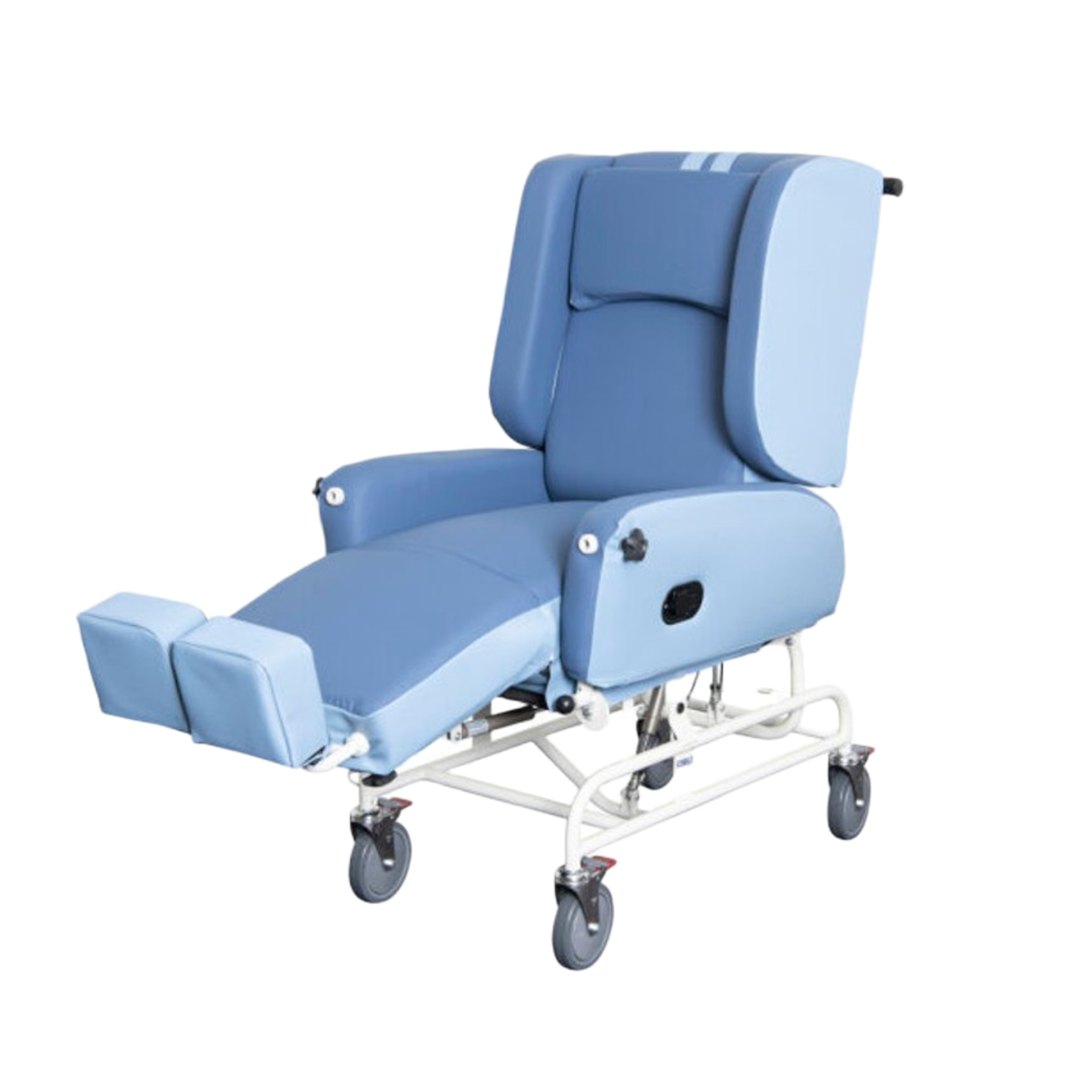 Blue patient chair with adjustable features on a white background