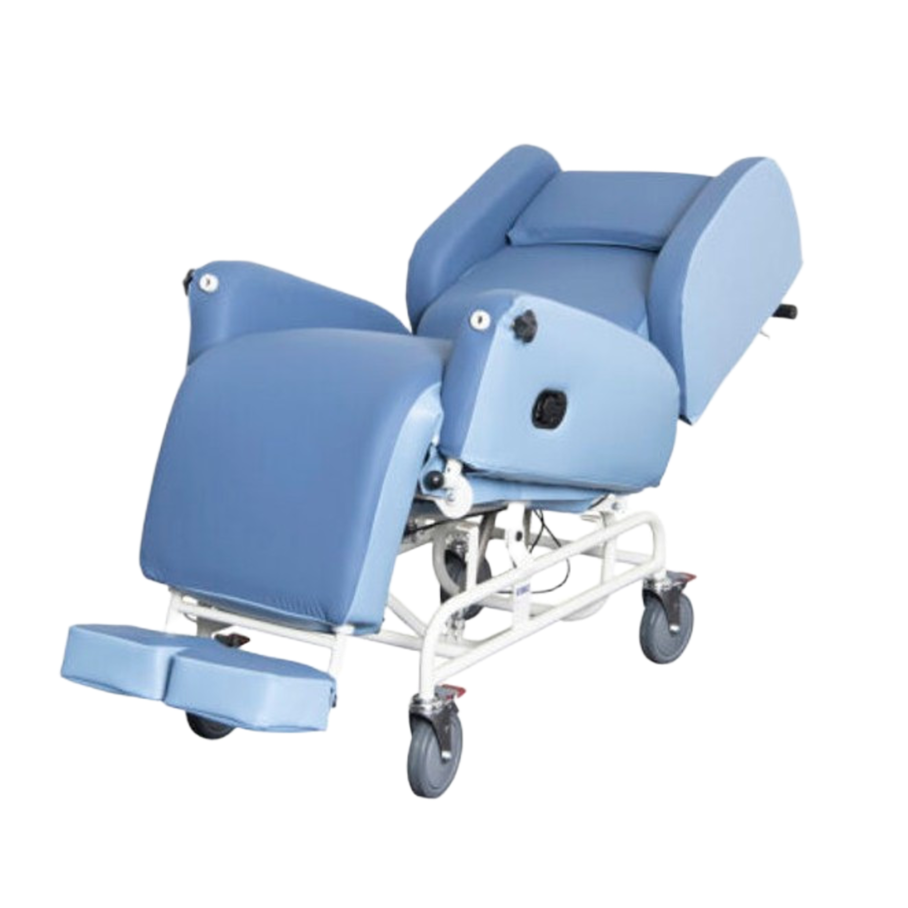 Blue recliner chair with wheels on a white background