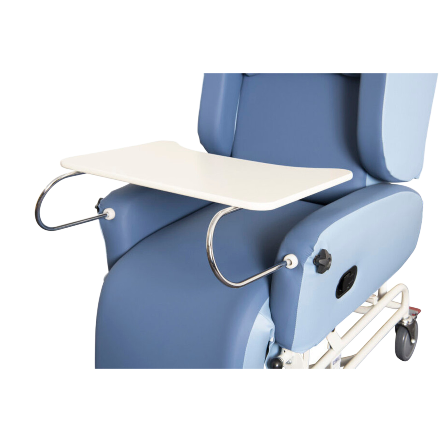 Blue medical chair with a white tray attached to it on a white background