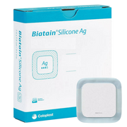 Retail box for Coloplast Biatain Silicone Ag silver foam dressing shown alongside a single square dressing with a perforated border.