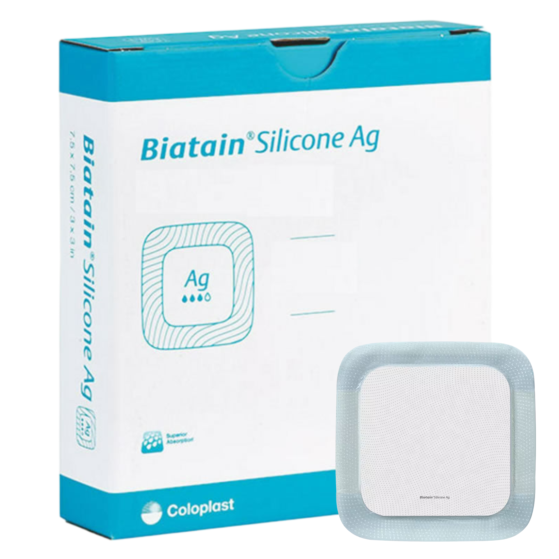Retail box for Coloplast Biatain Silicone Ag silver foam dressing shown alongside a single square dressing with a perforated border.