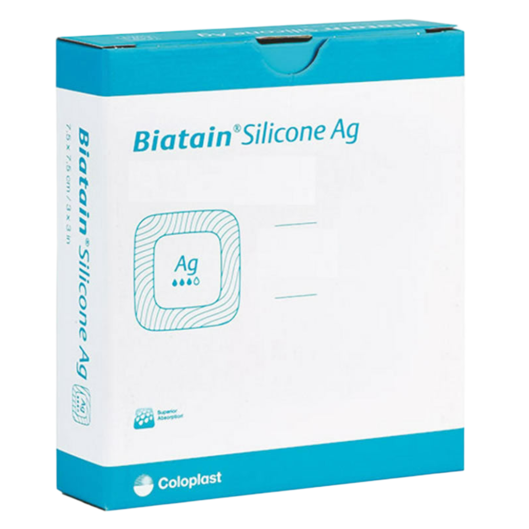 Front view of the teal and white retail box for Coloplast Biatain Silicone Ag silver foam dressings.