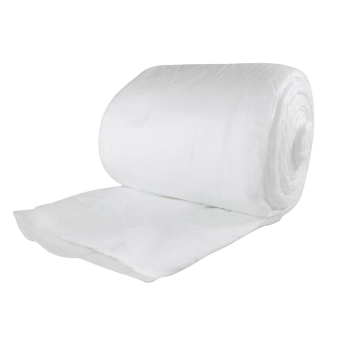 A large, tightly rolled white non-woven combine dressing or padding, unspooling slightly against a black background.
