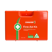 Closed view of the bright orange Commander First Aid Kit, Worksafe Standard, with the white and green cross logo.