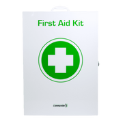 Closed view of the white, wall-mountable Commander Metal First Aid Kit case with a green cross and the "First Aid Kit" title.