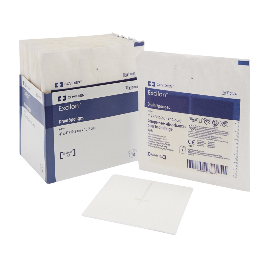 Close-up of the front of the sterile packaging for a single Covidien Excilon 6-ply 4