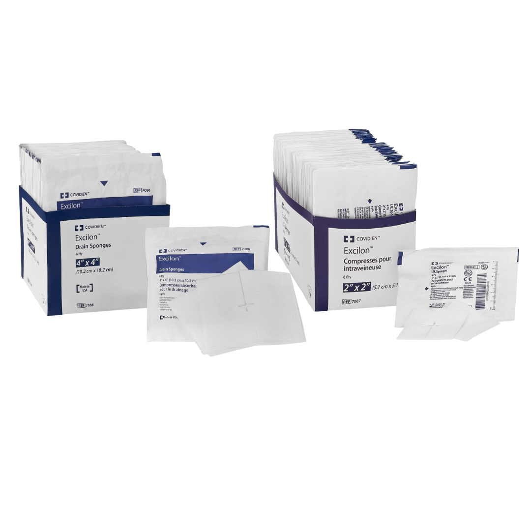 Group photo featuring an assortment of Covidien Excilon Drain Sponges packages, including the $4" \times 4"$ box and smaller $2" \times 2"$ stacks.