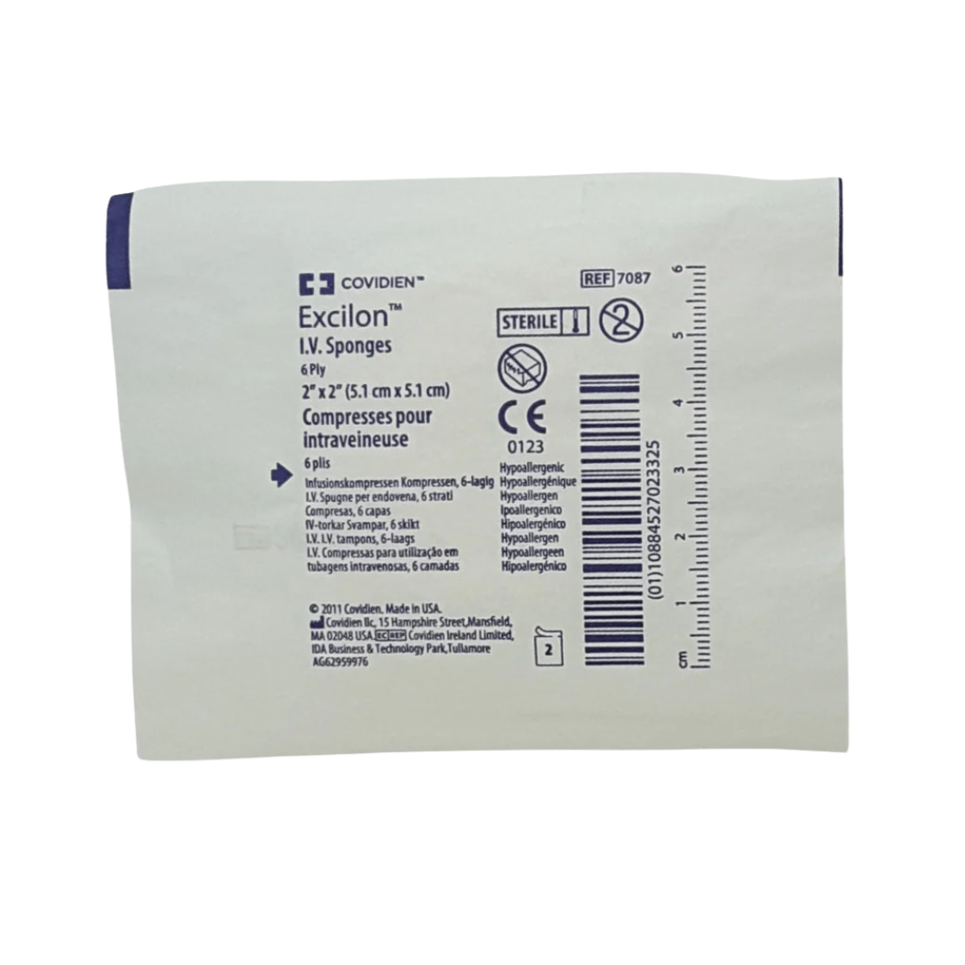Close-up of the sterile packaging for a single Covidien Excilon 6-ply $2" \times 2"$ ($5.1 \text{ cm} \times 5.1 \text{ cm}$) I.V. Sponge, showing the hypoallergenic text and barcode.