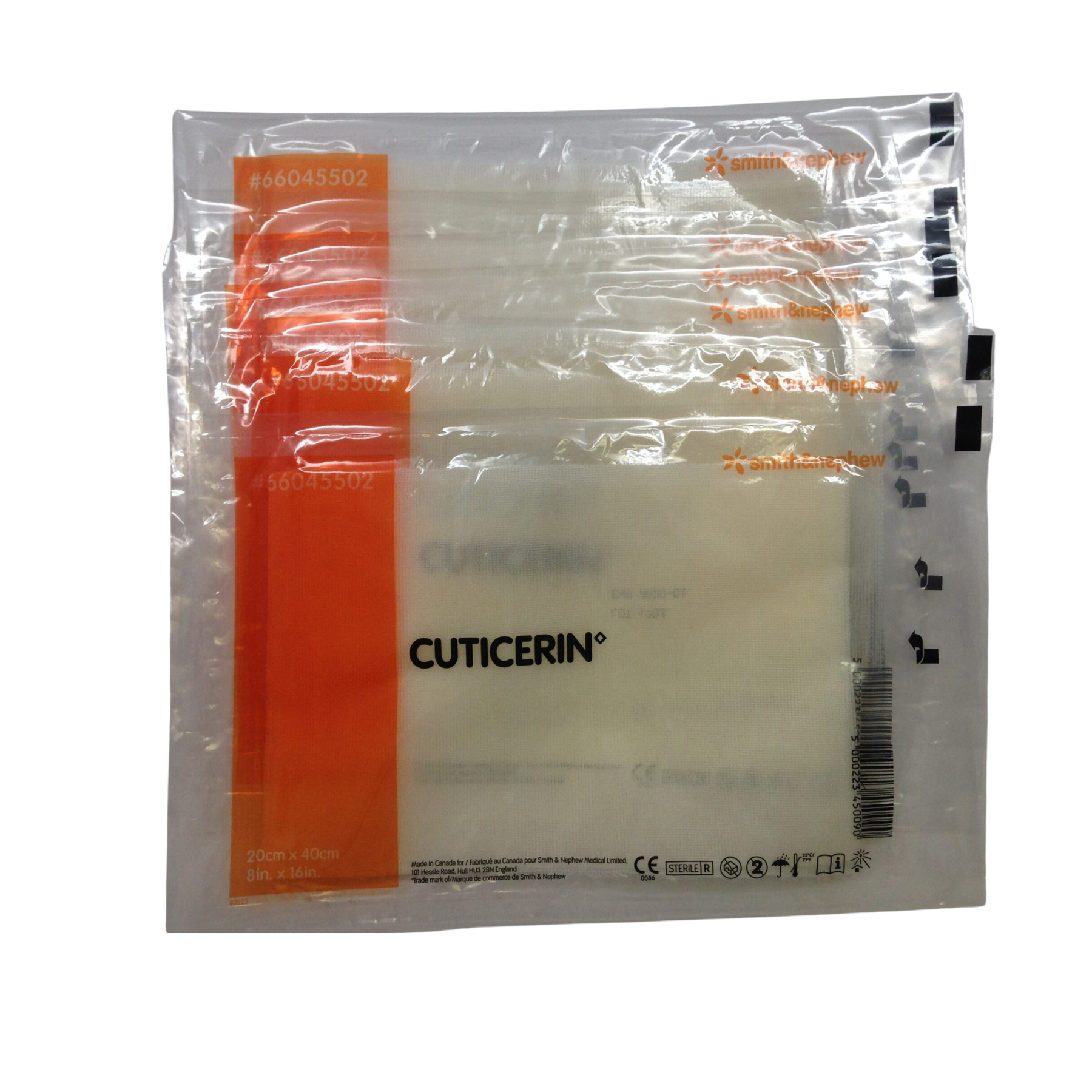 A stack of individually wrapped sterile Cuticerin gauze dressings in clear plastic packaging showing the Smith & Nephew branding and product code 66045502.