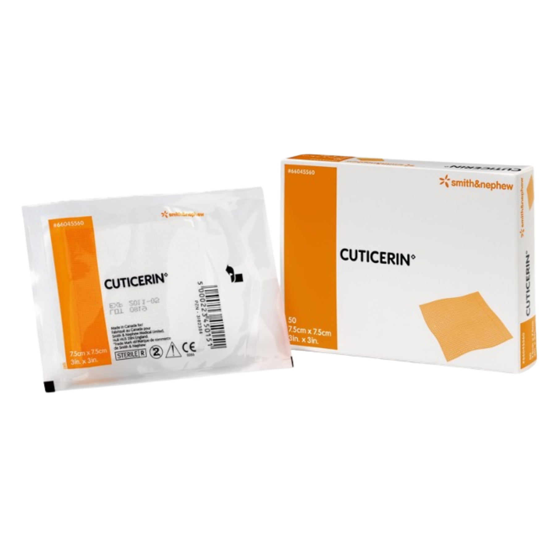 Smith & Nephew Cuticerin sterile wound dressings, 7.5cm x 20cm (3in x 8in), showing the box and single sachet packaging.