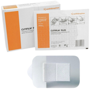 A close-up view of Cutifilm Plus dressing showing the outer box, the back of the sterile packaging with application diagrams, and a clear view of the central white absorbent wound pad.