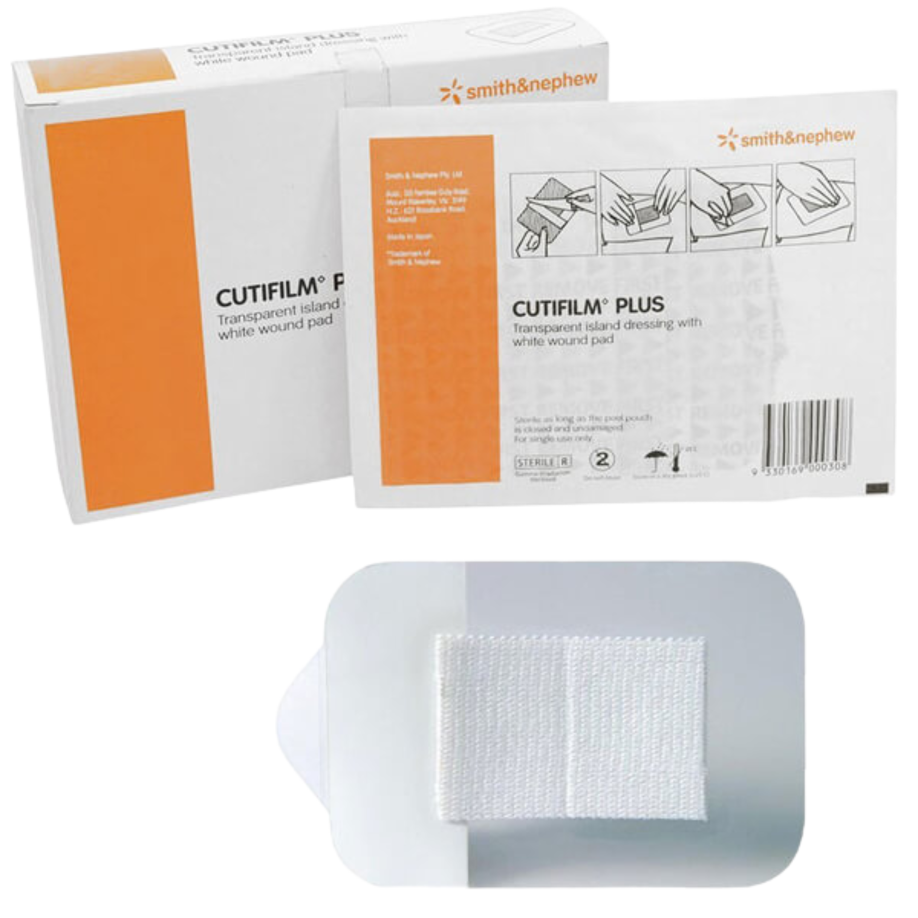 A close-up view of Cutifilm Plus dressing showing the outer box, the back of the sterile packaging with application diagrams, and a clear view of the central white absorbent wound pad.