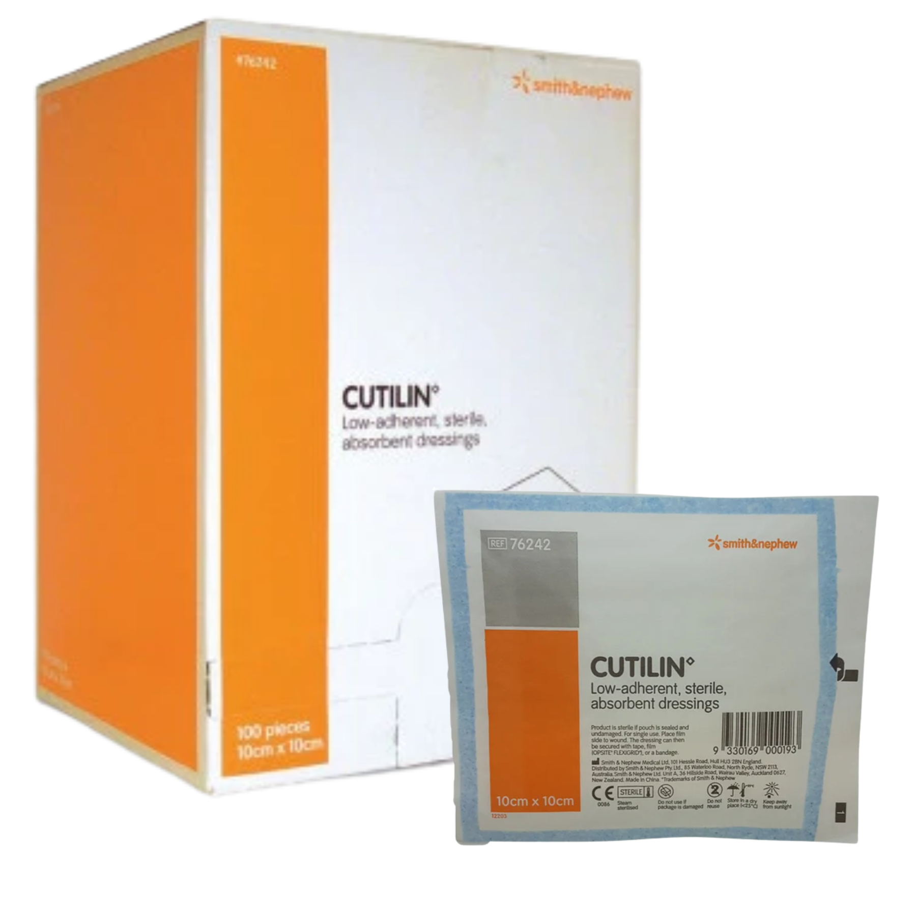 Packaging for CUTILIN low-adherent sterile absorbent dressings in size 10cm x 10cm, showing the product box and a single-use sterile peel pouch.