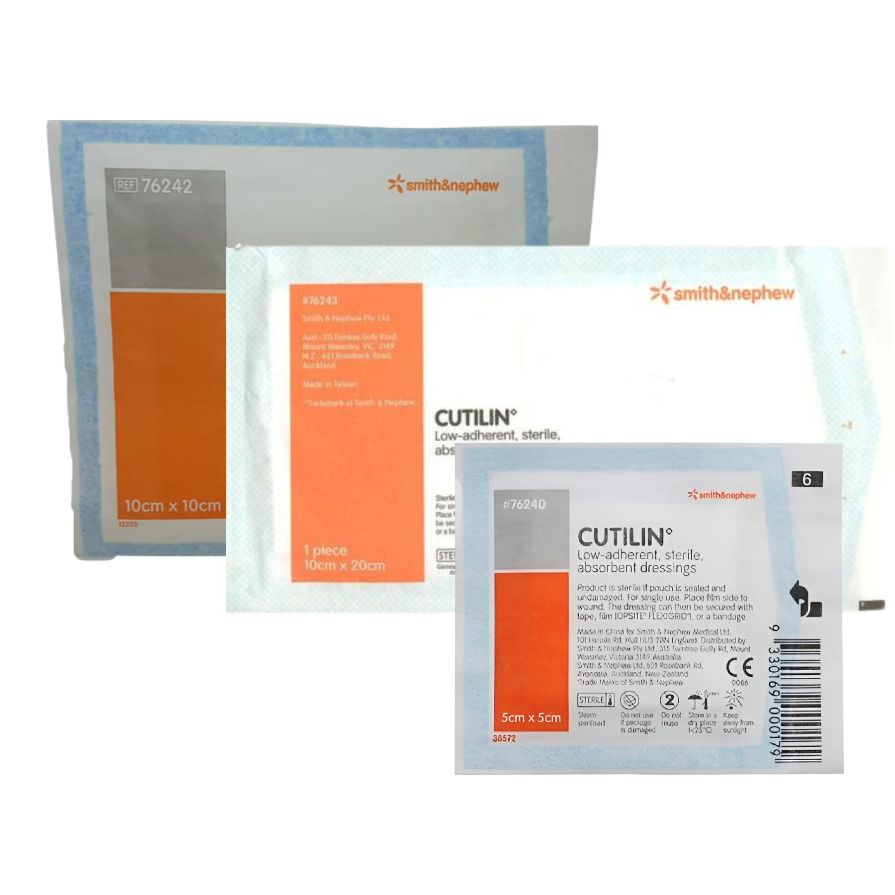 Three individual sterile peel-pouches for CUTILIN low-adherent dressings showing the different available dimensions and product reference numbers.