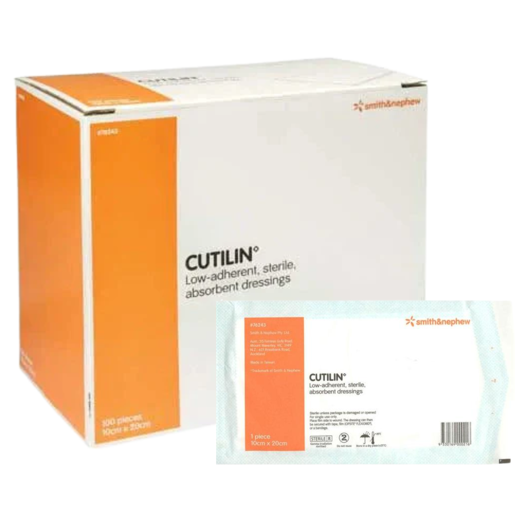 A large box and individual pouch of CUTILIN low-adherent sterile dressings, size 10cm x 20cm, with clear manufacturer labeling and storage instructions.